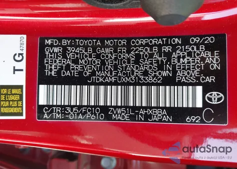 2021 Toyota Prius L Eco z USA, uszkodzony, nr VIN JTDKAMFUXM3133862